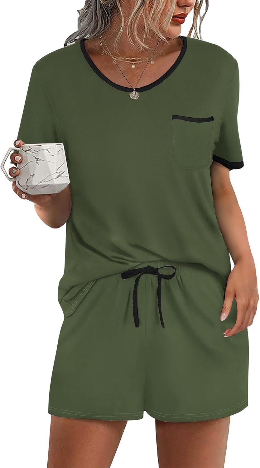 Pajama Set for Women 2 Piece Lounge Set Short Sleeve Tops and Shorts Soft Sleepwear, Chest Pocket - WORLD TIME VISITS
