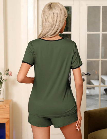 Pajama Set for Women 2 Piece Lounge Set Short Sleeve Tops and Shorts Soft Sleepwear, Chest Pocket