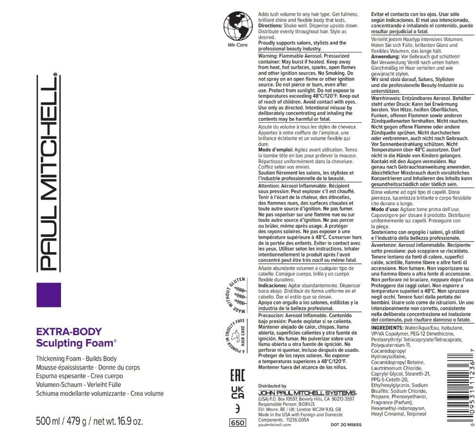 Paul Mitchell Extra-Body Sculpting Foam, Thickens + Builds Body, for Fine Hair