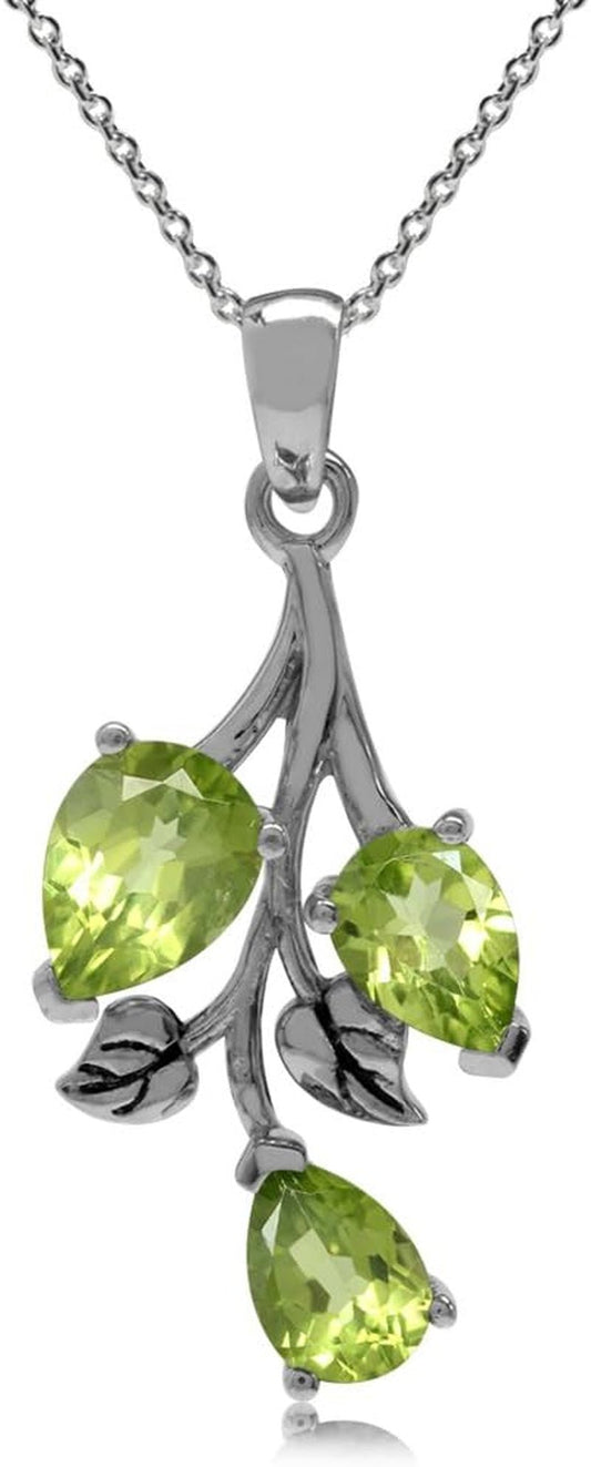 Pear Shape Birthstone Gemstone Antique Finishing 925 Sterling Silver Leaf Vintage Inspired Pendant with 18 Inch Chain Necklace Jewelry for Women - WORLD TIME VISITS