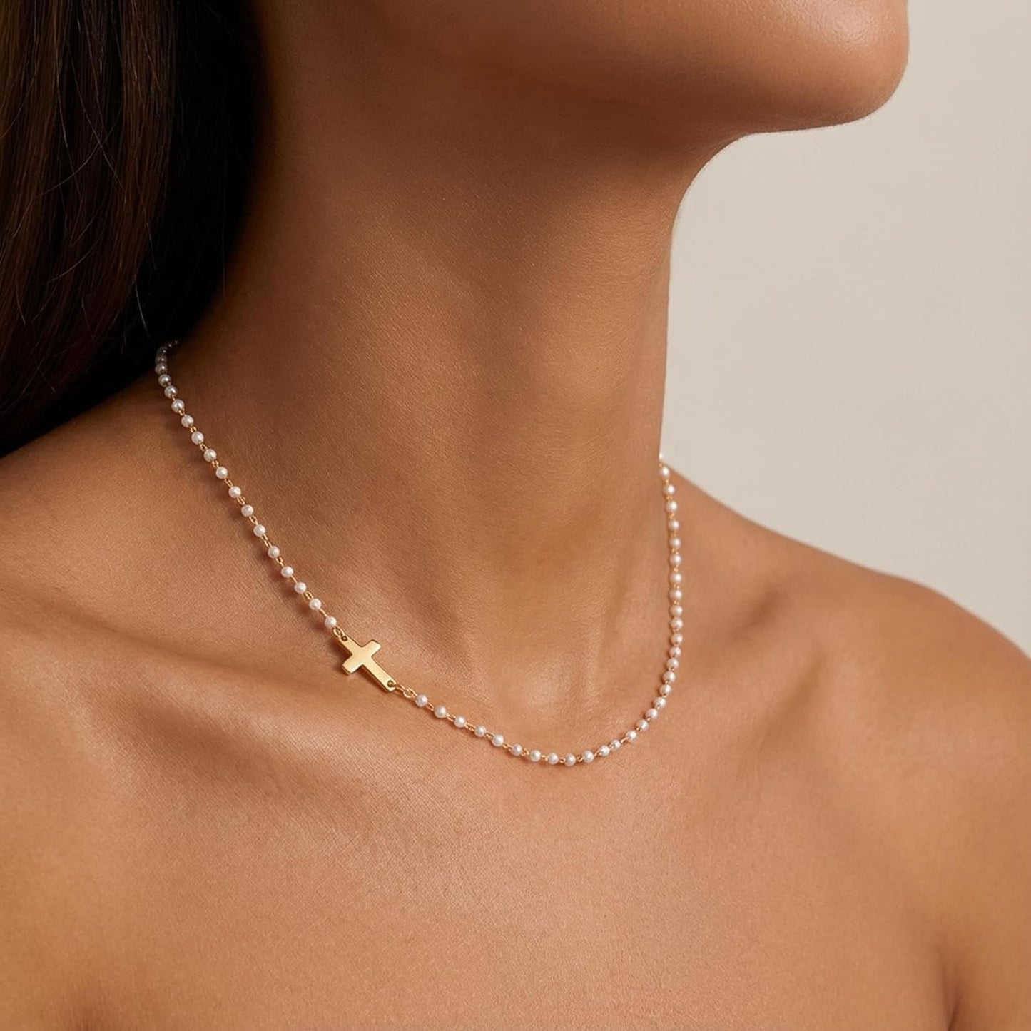 Pearl Cross Necklace for Women – 14K Gold Plated Faith Religious Jewelry