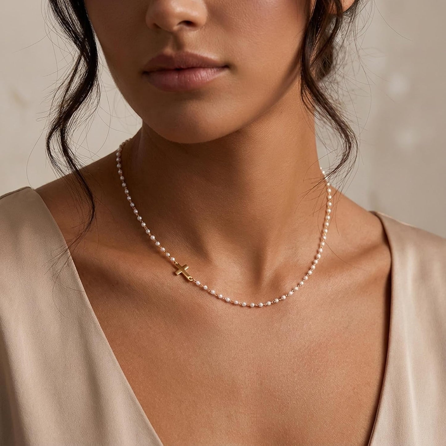 Pearl Cross Necklace for Women – 14K Gold Plated Faith Religious Jewelry
