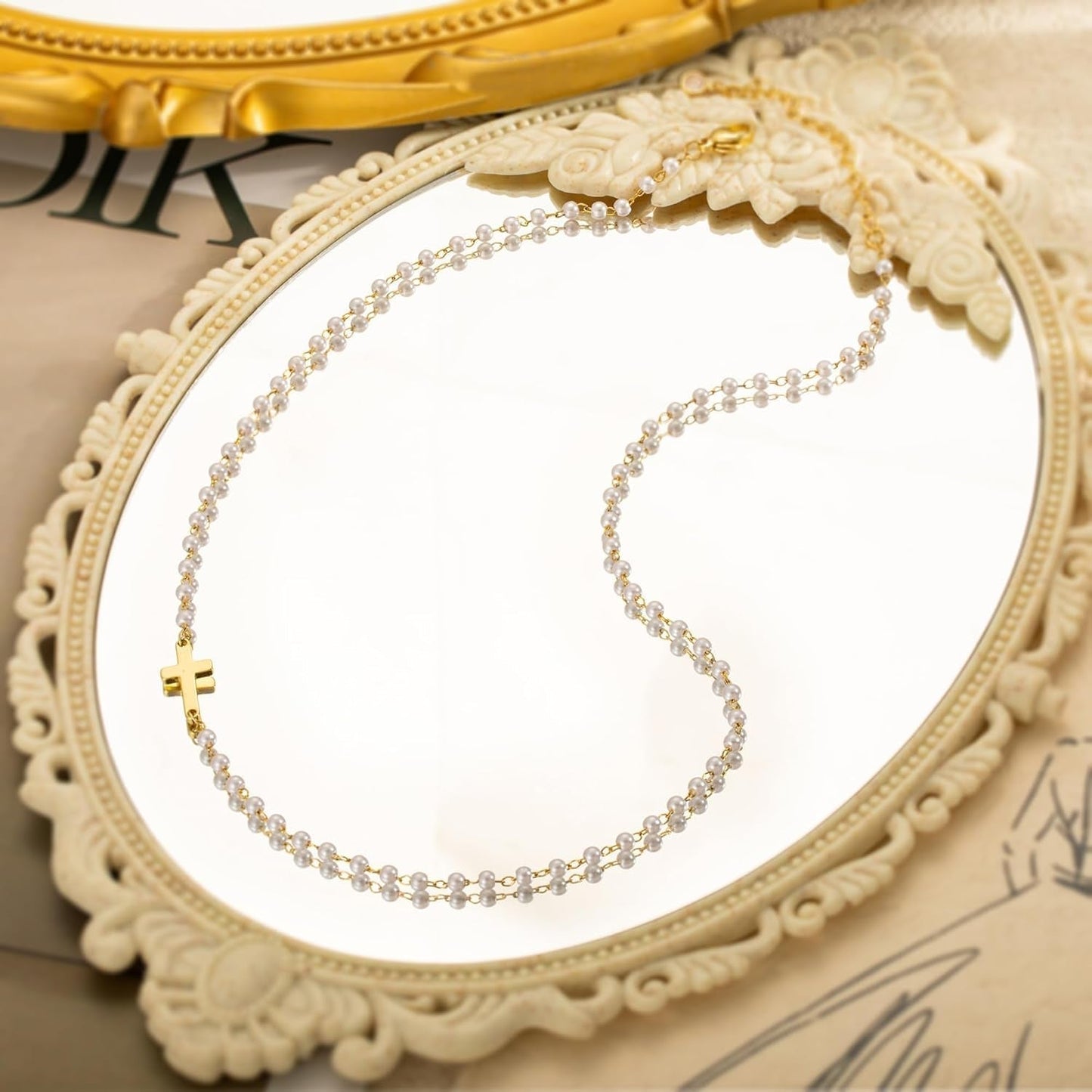 Pearl Cross Necklace for Women – 14K Gold Plated Faith Religious Jewelry