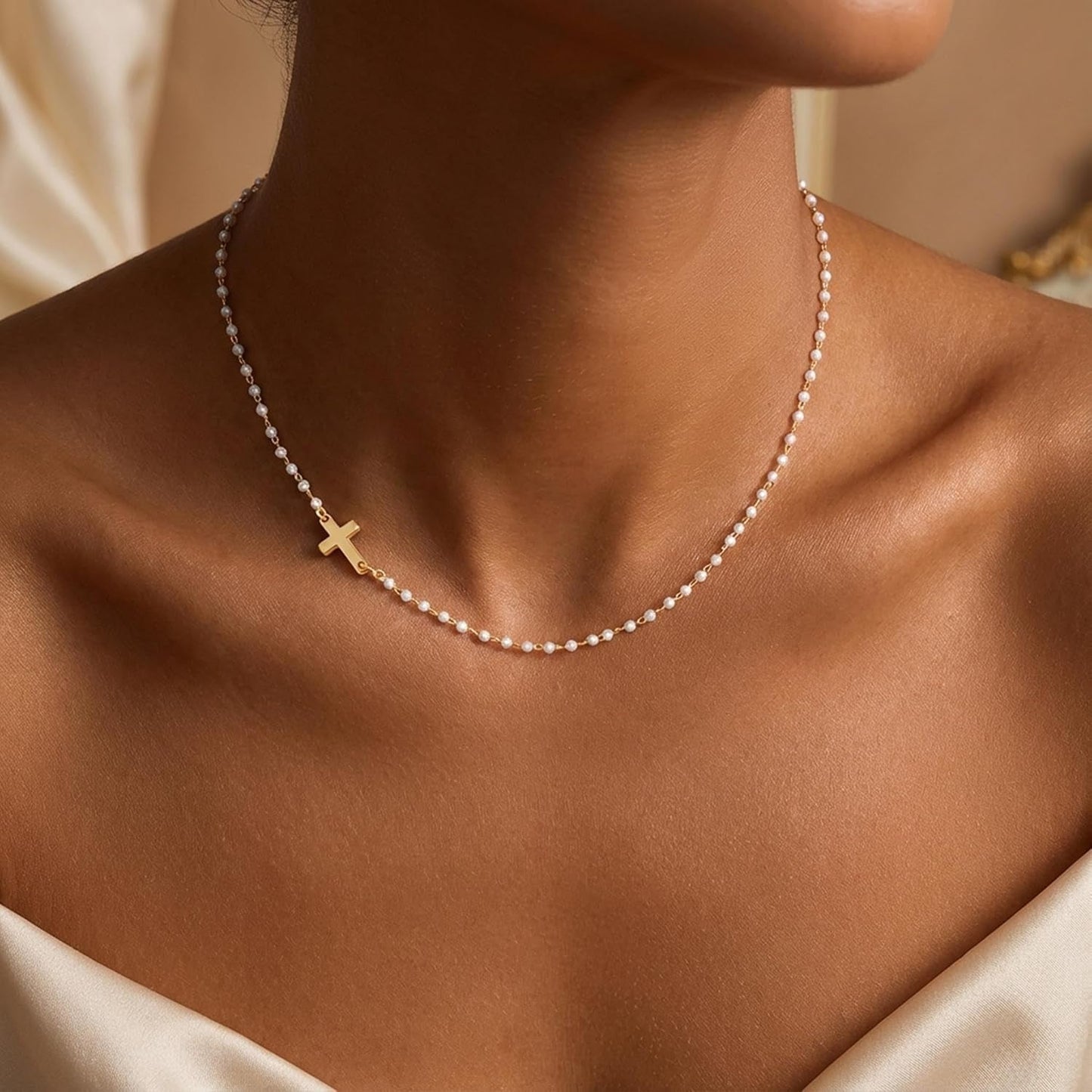 Pearl Cross Necklace for Women – 14K Gold Plated Faith Religious Jewelry