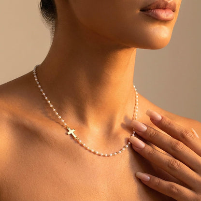 Pearl Cross Necklace for Women – 14K Gold Plated Faith Religious Jewelry