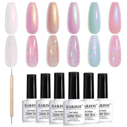Pearl Gel Nail Polish, Glitter Pearlescent Shell Polish Set 6 Colors Pink White Green Purple Shimmer Mermaid Swirl Thread Effect Soak off LED UV Curing Requires DIY Manicure Use - WORLD TIME VISITS