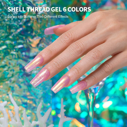 Pearl Gel Nail Polish, Glitter Pearlescent Shell Polish Set 6 Colors Pink White Green Purple Shimmer Mermaid Swirl Thread Effect Soak off LED UV Curing Requires DIY Manicure Use