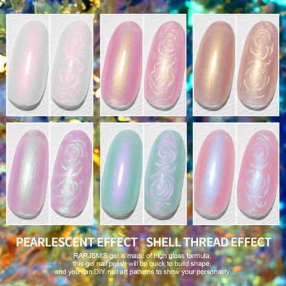 Pearl Gel Nail Polish, Glitter Pearlescent Shell Polish Set 6 Colors Pink White Green Purple Shimmer Mermaid Swirl Thread Effect Soak off LED UV Curing Requires DIY Manicure Use