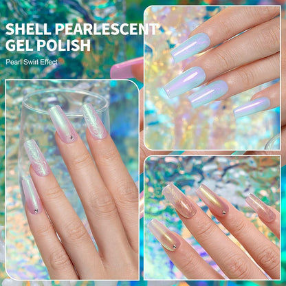 Pearl Gel Nail Polish, Glitter Pearlescent Shell Polish Set 6 Colors Pink White Green Purple Shimmer Mermaid Swirl Thread Effect Soak off LED UV Curing Requires DIY Manicure Use