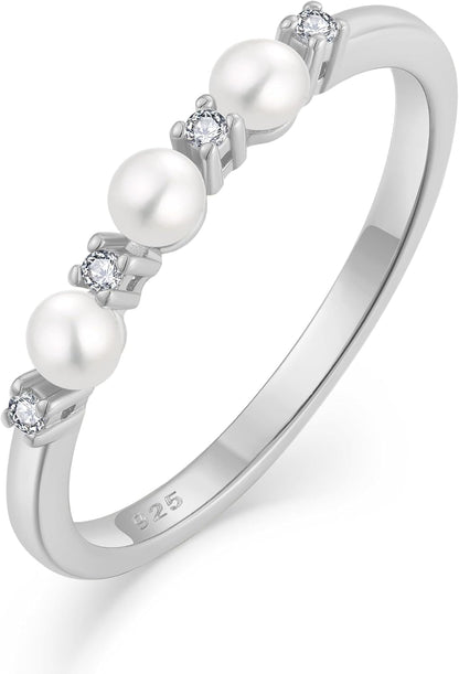 Pearl Ring 925 Sterling Silver Stackable Ring for Women, Freshwater Cultured Pearl Ring Promise Band Jewelry Gifts for Her - WORLD TIME VISITS