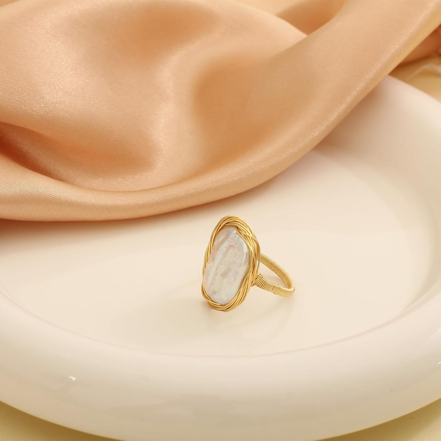 Pearl Ring for Women - 12X15Mm Baroque Pearl - Natural Freshwater Pearl - Handmade Pearl Jewelry Anniversary Gifts for Her, Adjustable Pearl Ring Band for Women（14K Gold Plated) 1