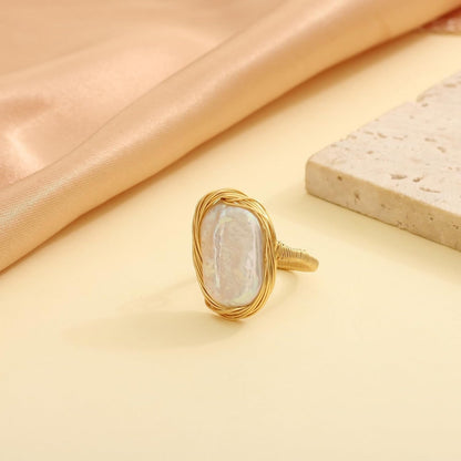 Pearl Ring for Women - 12X15Mm Baroque Pearl - Natural Freshwater Pearl - Handmade Pearl Jewelry Anniversary Gifts for Her, Adjustable Pearl Ring Band for Women（14K Gold Plated) 1