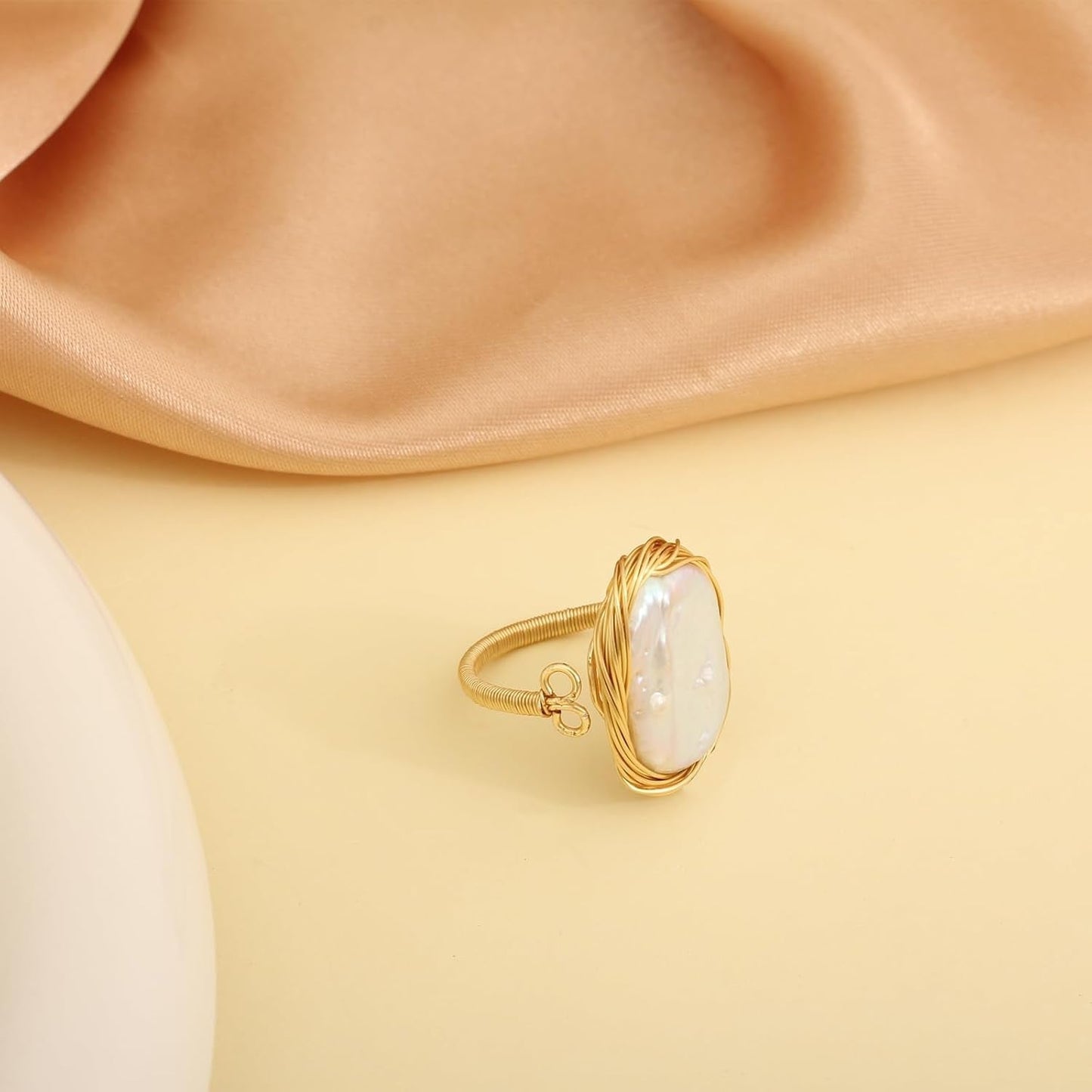 Pearl Ring for Women - 12X15Mm Baroque Pearl - Natural Freshwater Pearl - Handmade Pearl Jewelry Anniversary Gifts for Her, Adjustable Pearl Ring Band for Women（14K Gold Plated) 1