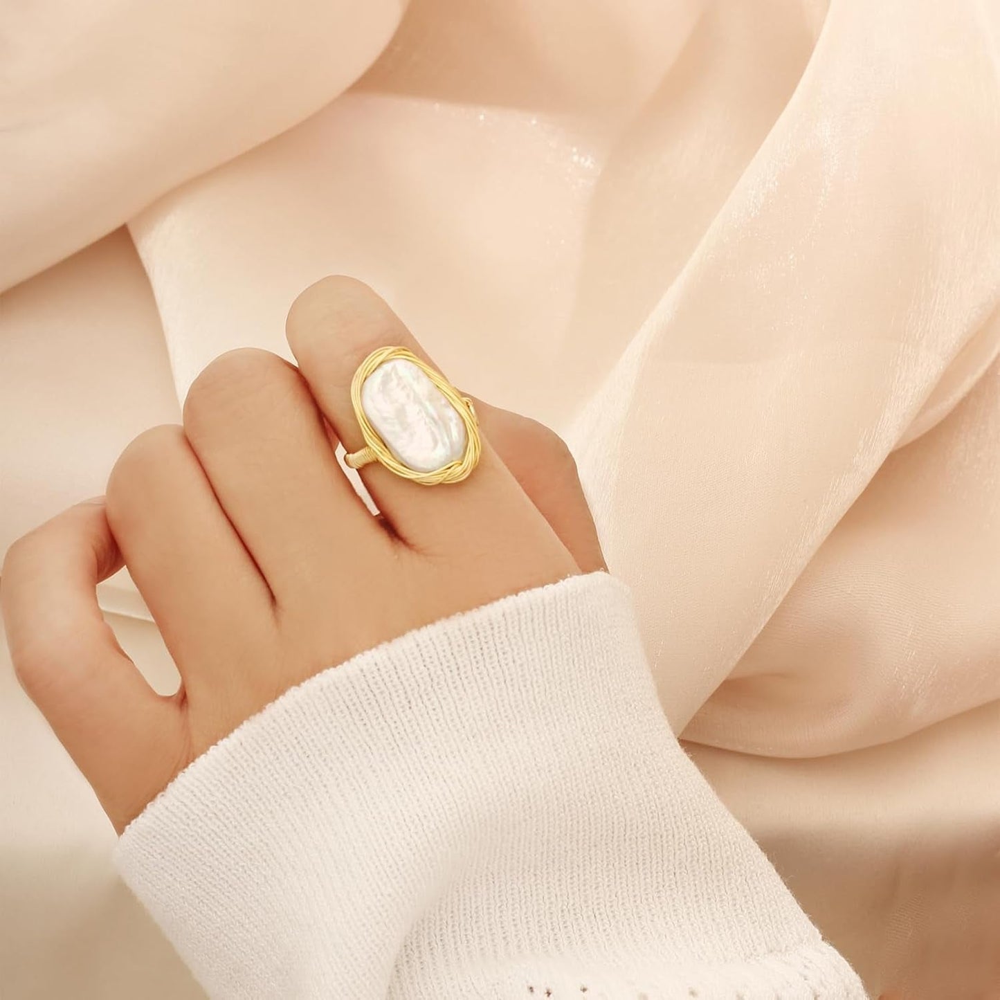 Pearl Ring for Women - 12X15Mm Baroque Pearl - Natural Freshwater Pearl - Handmade Pearl Jewelry Anniversary Gifts for Her, Adjustable Pearl Ring Band for Women（14K Gold Plated) 1