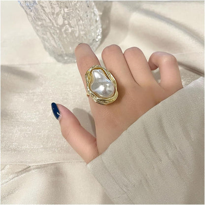 Pearl Ring for Women Geometrical Irregular Pearl Ring Womens Open Adjustable Index Finger Rings - WORLD TIME VISITS