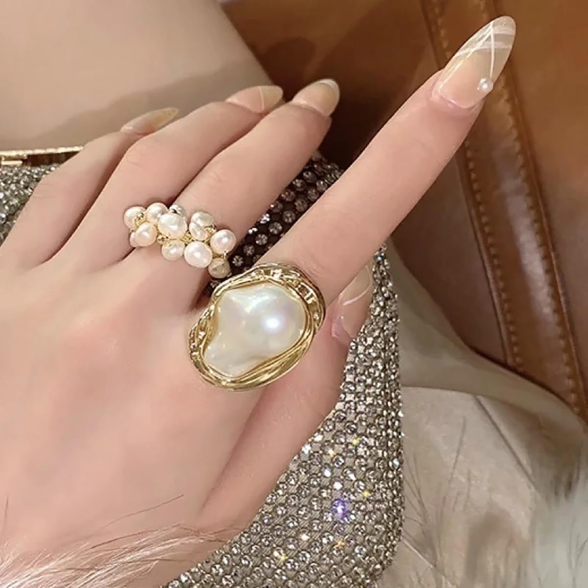 Pearl Ring for Women Promise Stacking Pearl Rings Adjustable Open Pearls Finger Ring Trendy Personality Christmas Pearls Jewerly Prom Dress Jewerly