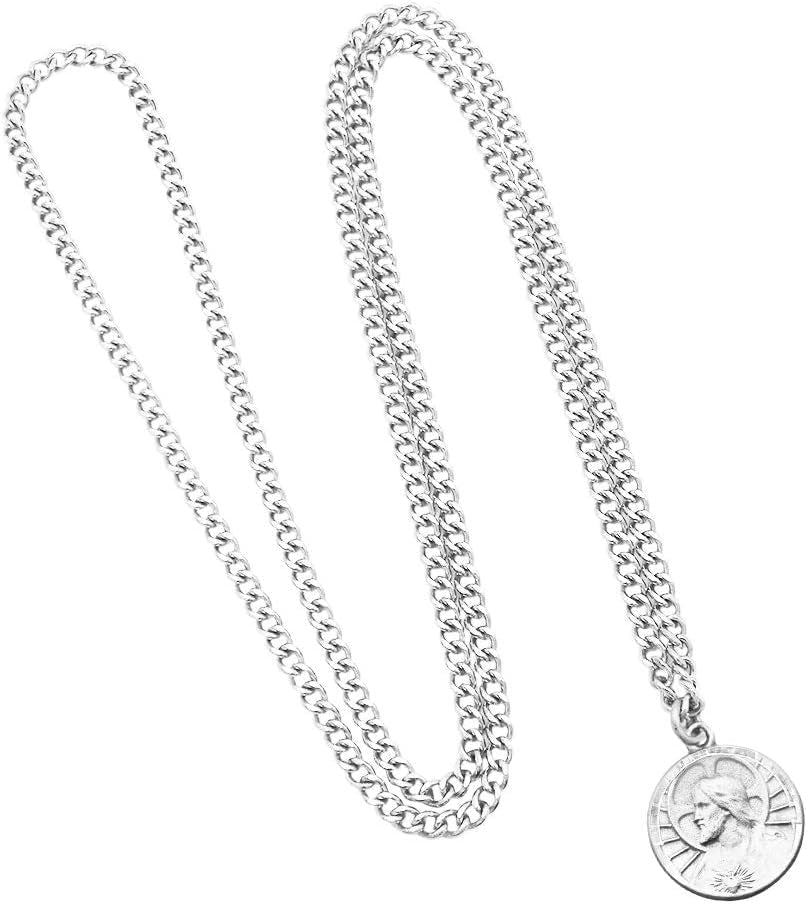 Peitite Scapular Medal Sacred Heart of Jesus Pewter Pendant Necklace, 24" - WORLD TIME VISITS