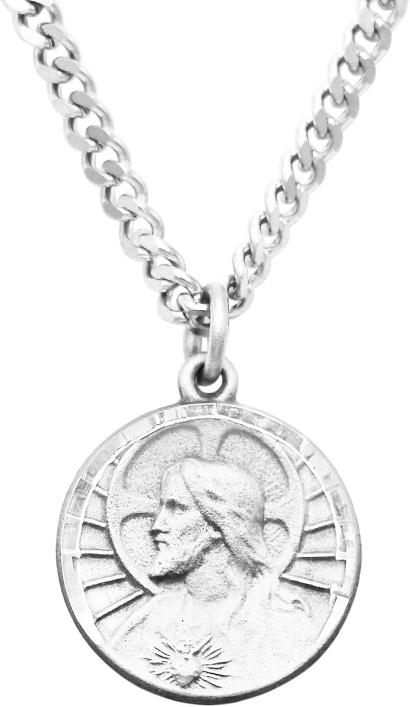 Peitite Scapular Medal Sacred Heart of Jesus Pewter Pendant Necklace, 24" - WORLD TIME VISITS