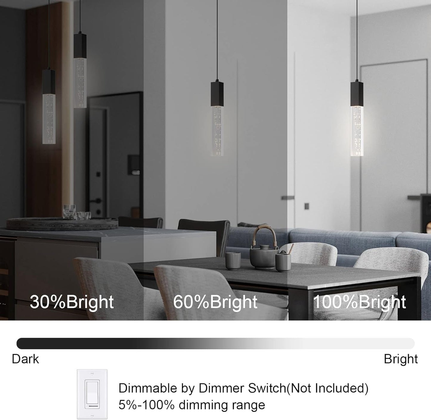 Pendant Light Fixture for Kitchen Dimmable Integrated LED Hanging Light Black Pendant Light with Crystal Modern Pendant Light for Kitchen Island Bedroom Hallway (2-Pack)