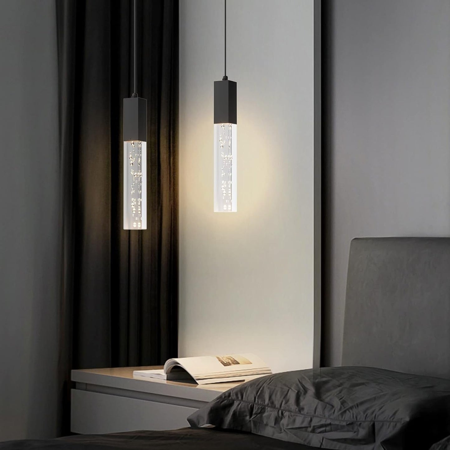 Pendant Light Fixture for Kitchen Dimmable Integrated LED Hanging Light Black Pendant Light with Crystal Modern Pendant Light for Kitchen Island Bedroom Hallway (2-Pack)
