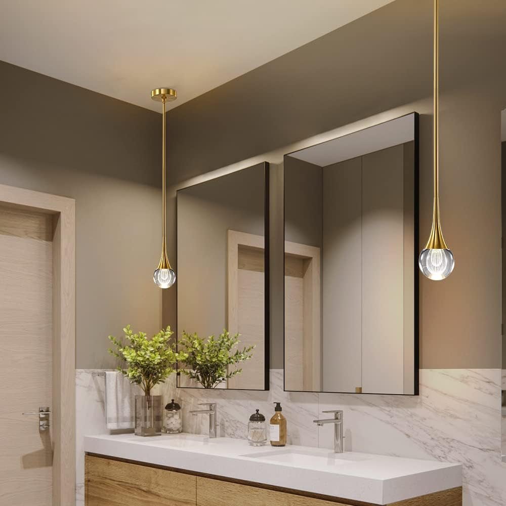 Pendant Light Fixtures 1-Light Mini Pendant Lighting for Kitchen，Gold Globe Pendant LED Light Fixture，Teardrop Crystal Pendant Light for Bedroom Dining Room Bar