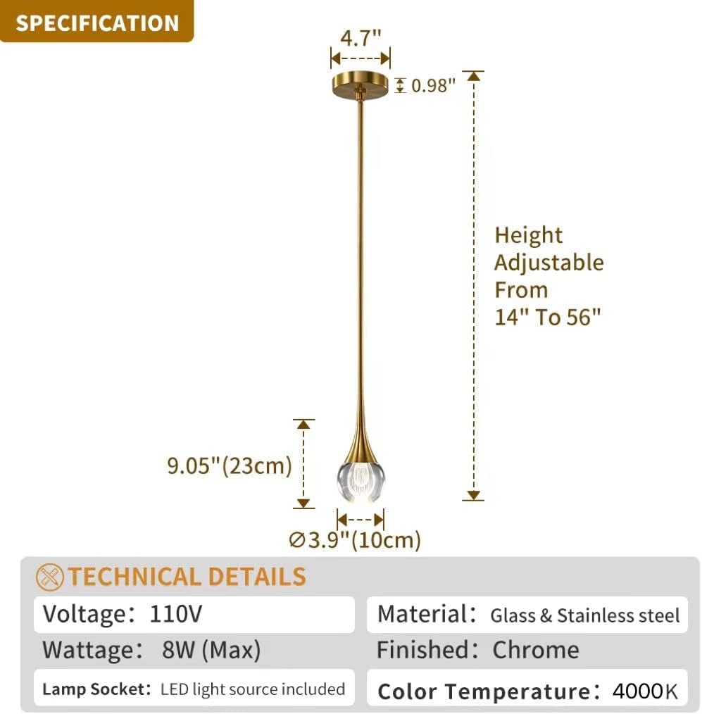 Pendant Light Fixtures 1-Light Mini Pendant Lighting for Kitchen，Gold Globe Pendant LED Light Fixture，Teardrop Crystal Pendant Light for Bedroom Dining Room Bar