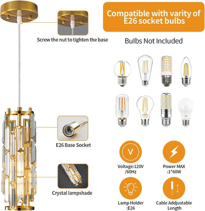 Pendant Lighting Modern Pendant Light, Mini Crystal Chandeliers,Adjustable Pendant Light Fixture for Kitchen Island Dinning Room Bedroom (Gold, 1 - Light) - WORLD TIME VISITS