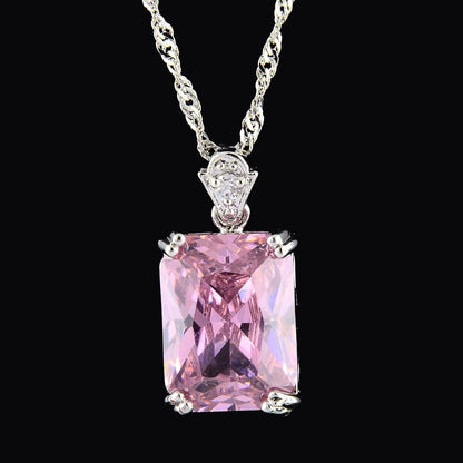 Pendant with 18" Chain & Rectangular Cut CZ [5 Colors Available] in White Gold Plated, Simple Modern Elegant