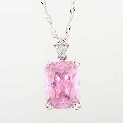 Pendant with 18" Chain & Rectangular Cut CZ [5 Colors Available] in White Gold Plated, Simple Modern Elegant