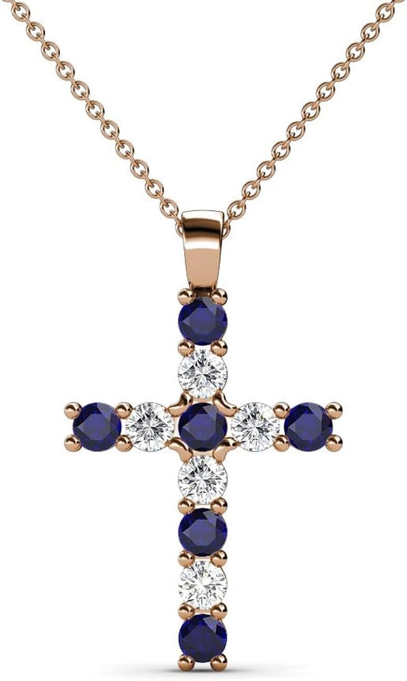 Petite Blue Sapphire & Natural Diamond (SI2 - I1,G - H) Cross Pendant 0.34 Ctw 14K Gold. Included 16 Inches 14K Gold Chain. - WORLD TIME VISITS