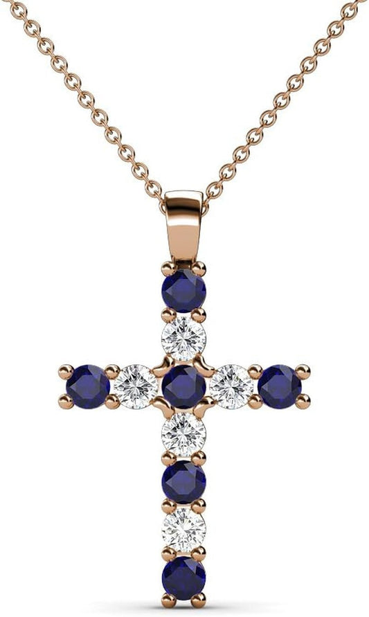 Petite Blue Sapphire & Natural Diamond (SI2 - I1,G - H) Cross Pendant 0.34 Ctw 14K Gold. Included 16 Inches 14K Gold Chain. - WORLD TIME VISITS