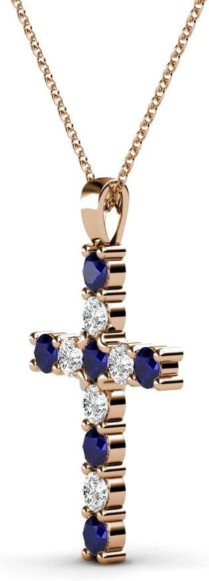 Petite Blue Sapphire & Natural Diamond (SI2 - I1,G - H) Cross Pendant 0.34 Ctw 14K Gold. Included 16 Inches 14K Gold Chain. - WORLD TIME VISITS