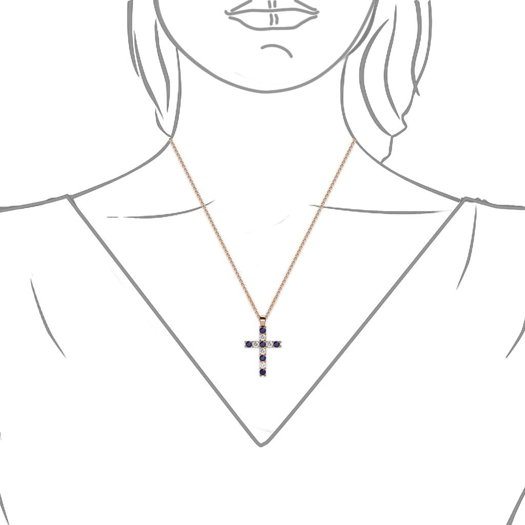 Petite Blue Sapphire & Natural Diamond (SI2-I1,G-H) Cross Pendant 0.34 Ctw 14K Gold. Included 16 Inches 14K Gold Chain.