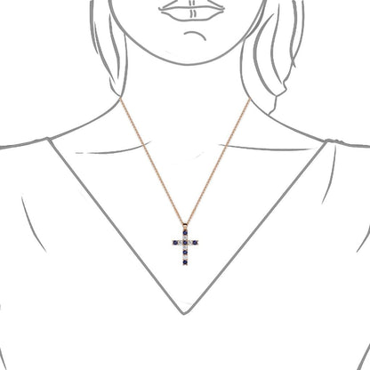 Petite Blue Sapphire & Natural Diamond (SI2-I1,G-H) Cross Pendant 0.34 Ctw 14K Gold. Included 16 Inches 14K Gold Chain.