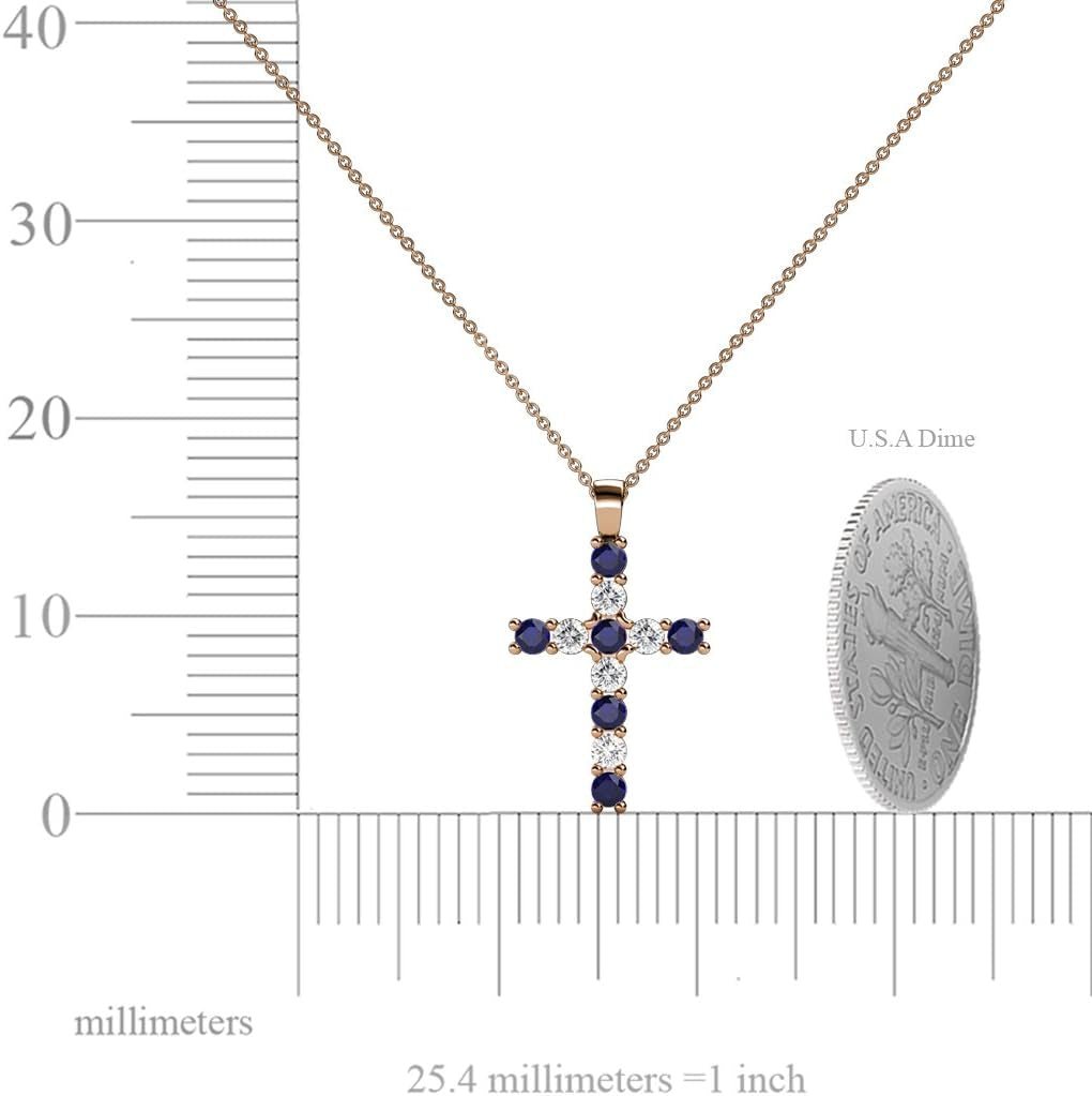Petite Blue Sapphire & Natural Diamond (SI2-I1,G-H) Cross Pendant 0.34 Ctw 14K Gold. Included 16 Inches 14K Gold Chain.