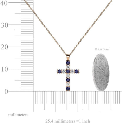 Petite Blue Sapphire & Natural Diamond (SI2-I1,G-H) Cross Pendant 0.34 Ctw 14K Gold. Included 16 Inches 14K Gold Chain.