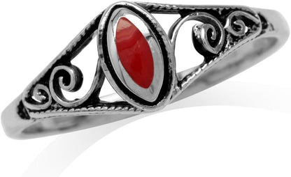 Petite Created Red Coral Inlay 925 Sterling Silver Filigree Swirl and Spiral Style Ring Size 5 - WORLD TIME VISITS