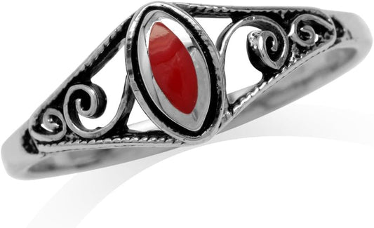 Petite Created Red Coral Inlay 925 Sterling Silver Filigree Swirl and Spiral Style Ring Size 5 - WORLD TIME VISITS