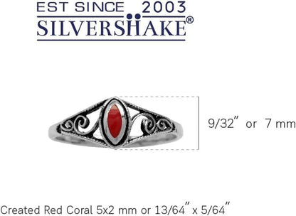 Petite Created Red Coral Inlay 925 Sterling Silver Filigree Swirl and Spiral Style Ring Size 5 - WORLD TIME VISITS