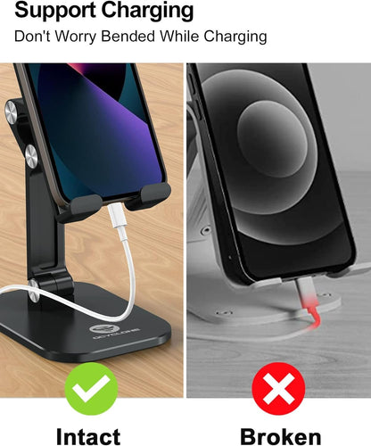 Phone Stand, Adjustable Height and Angle Foldable Cell Phone Stand Holder for Desk, Taller Iphone Stand Compatible with 4.7"-13" Smartphones Ipad Tablet, Black