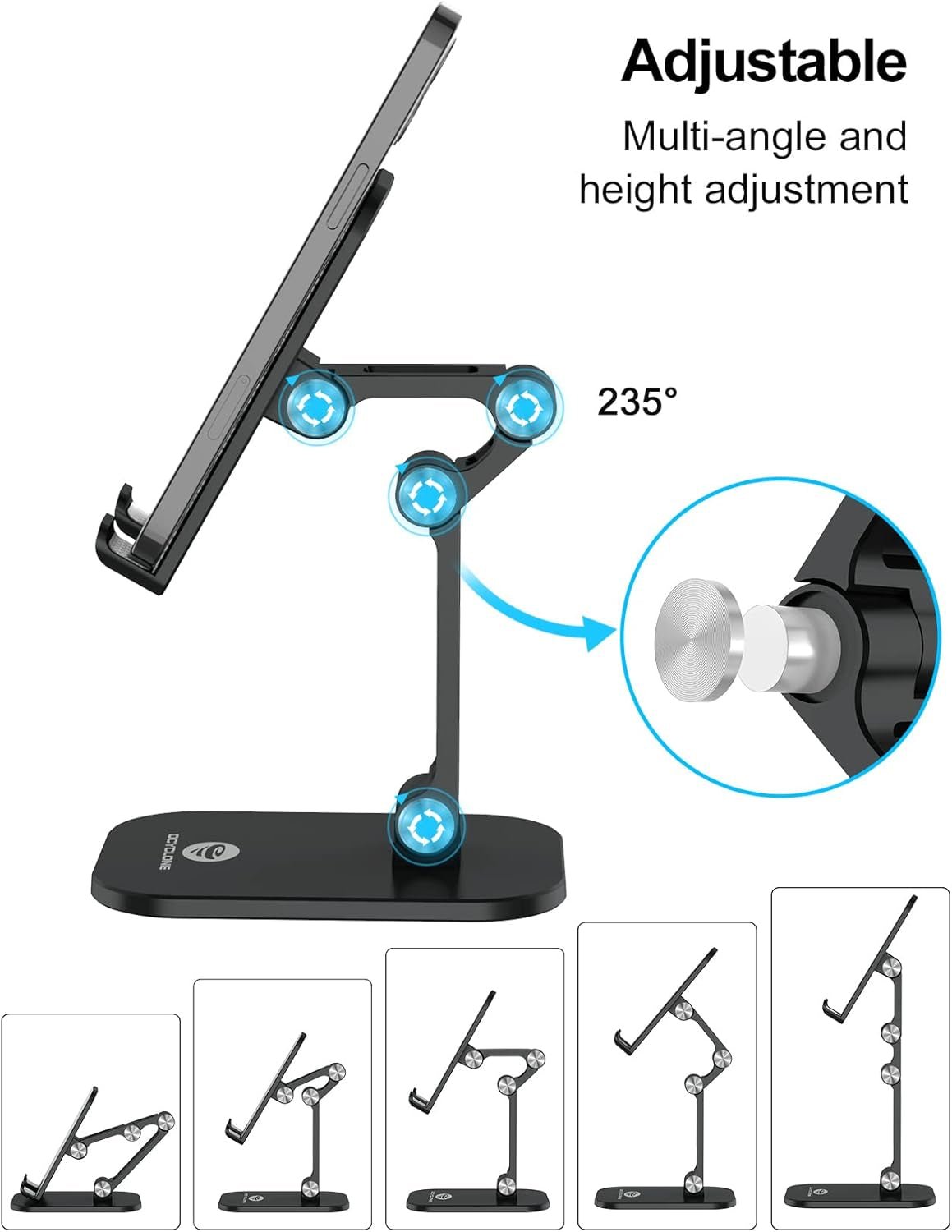 Phone Stand, Adjustable Height and Angle Foldable Cell Phone Stand Holder for Desk, Taller Iphone Stand Compatible with 4.7" - 13" Smartphones Ipad Tablet, Black - WORLD TIME VISITS