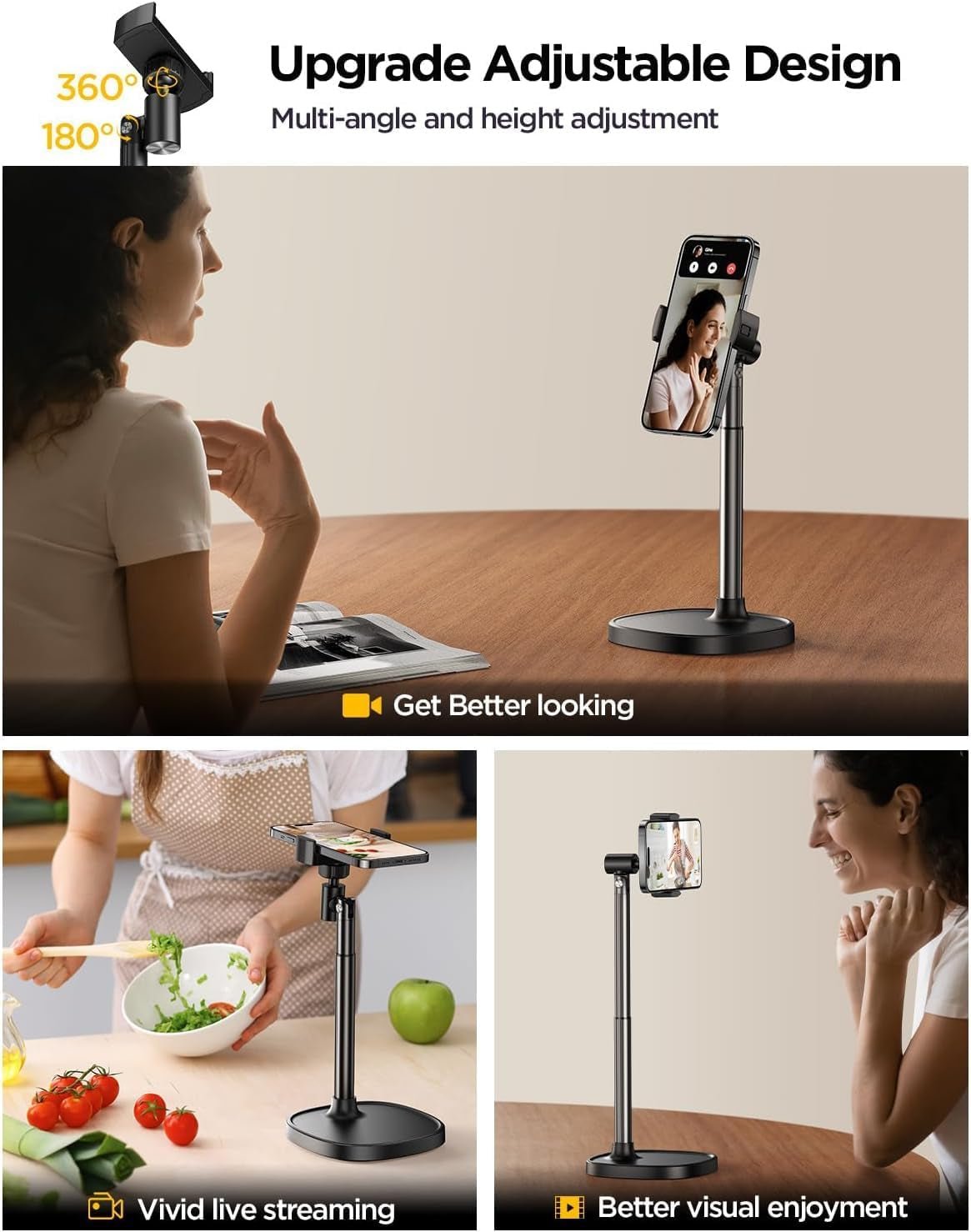 Phone Stand for Desk, Angle Height Adjustable Phone Holder for Desk, Aluminum Alloy Universal Iphone Stand Holder, Retractable Cell Phone Stand Recording Office for Iphone 16 15 Pro Max Plus