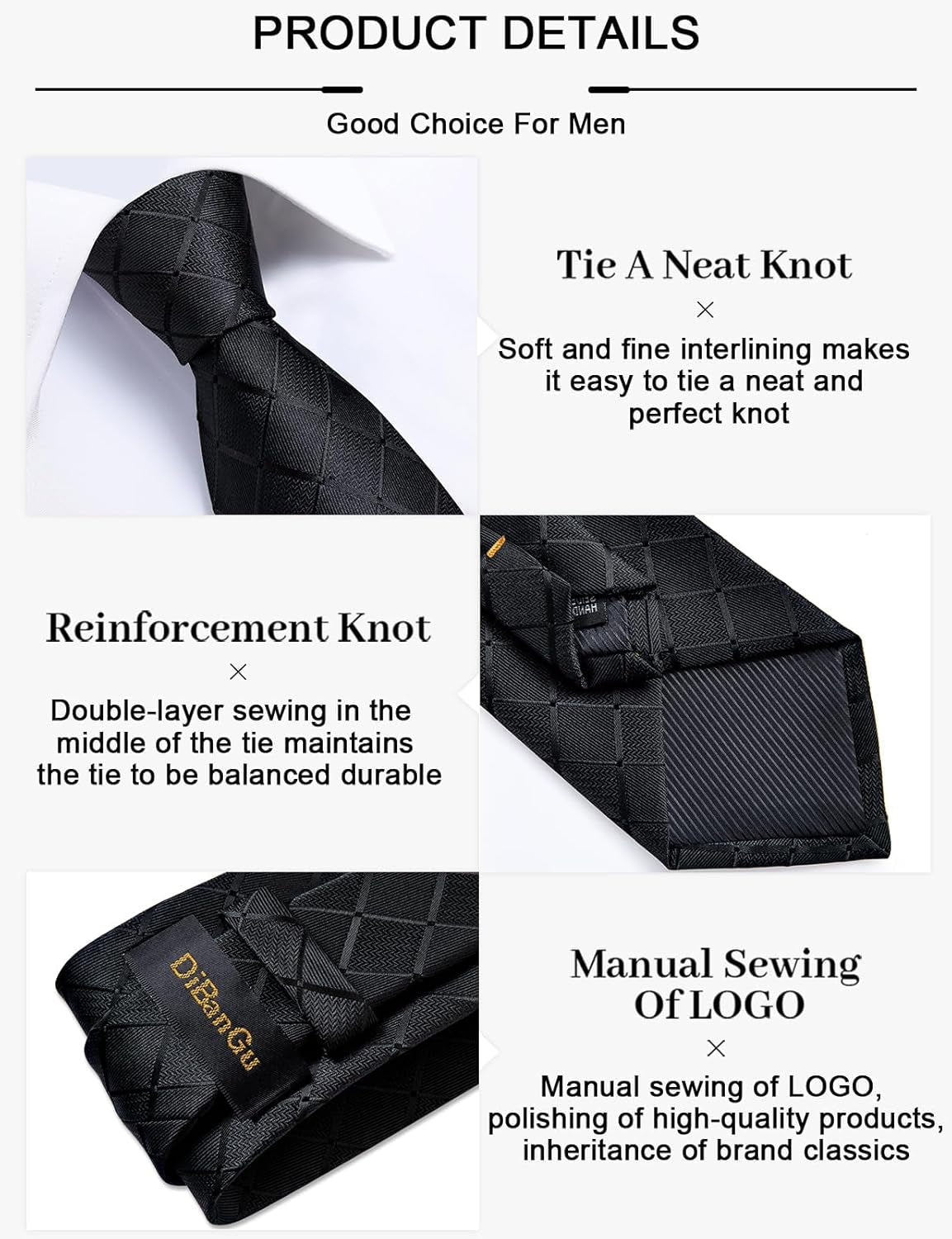 Plaid Ties for Men Silk Checkered Necktie and Pocket Square Cufflinks Tie Clip Set with Gift Box for Wedding Business