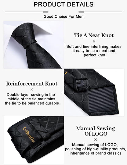 Plaid Ties for Men Silk Checkered Necktie and Pocket Square Cufflinks Tie Clip Set with Gift Box for Wedding Business