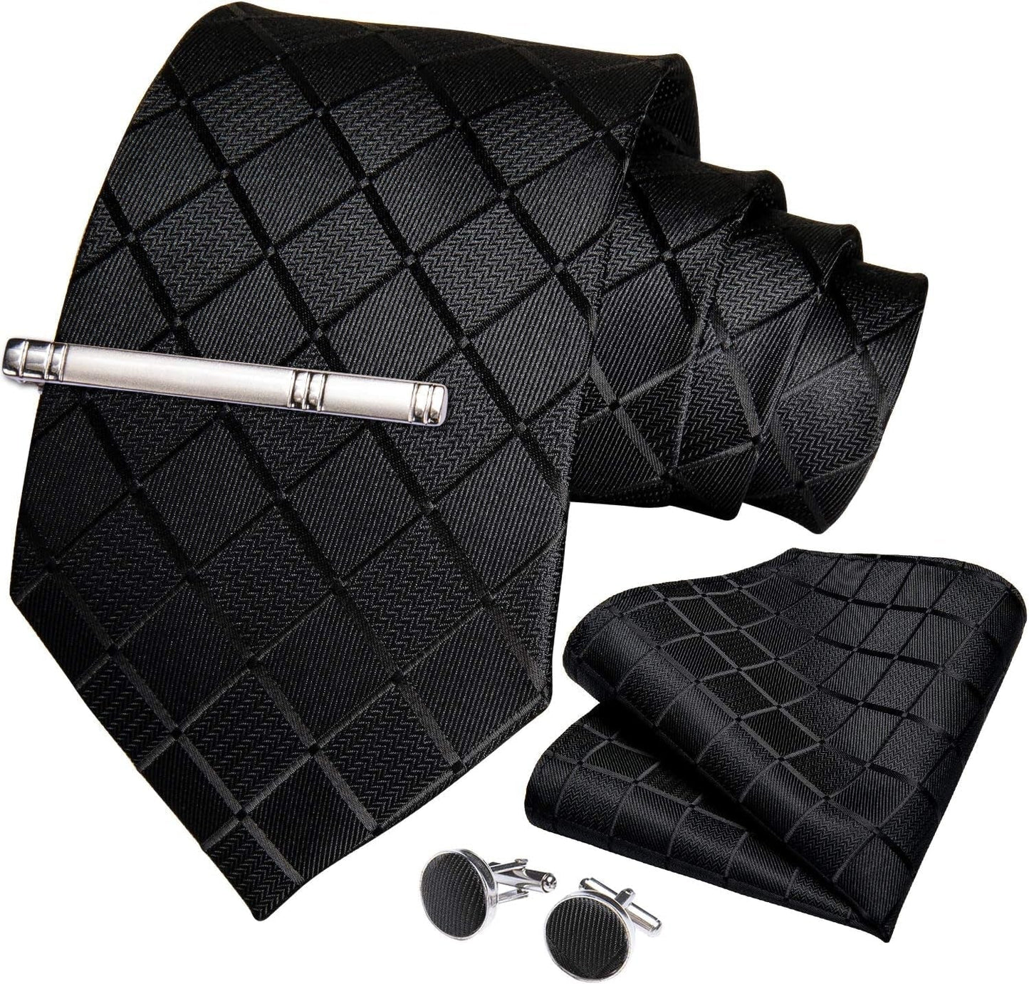 Plaid Ties for Men Silk Checkered Necktie and Pocket Square Cufflinks Tie Clip Set with Gift Box for Wedding Business - WORLD TIME VISITS