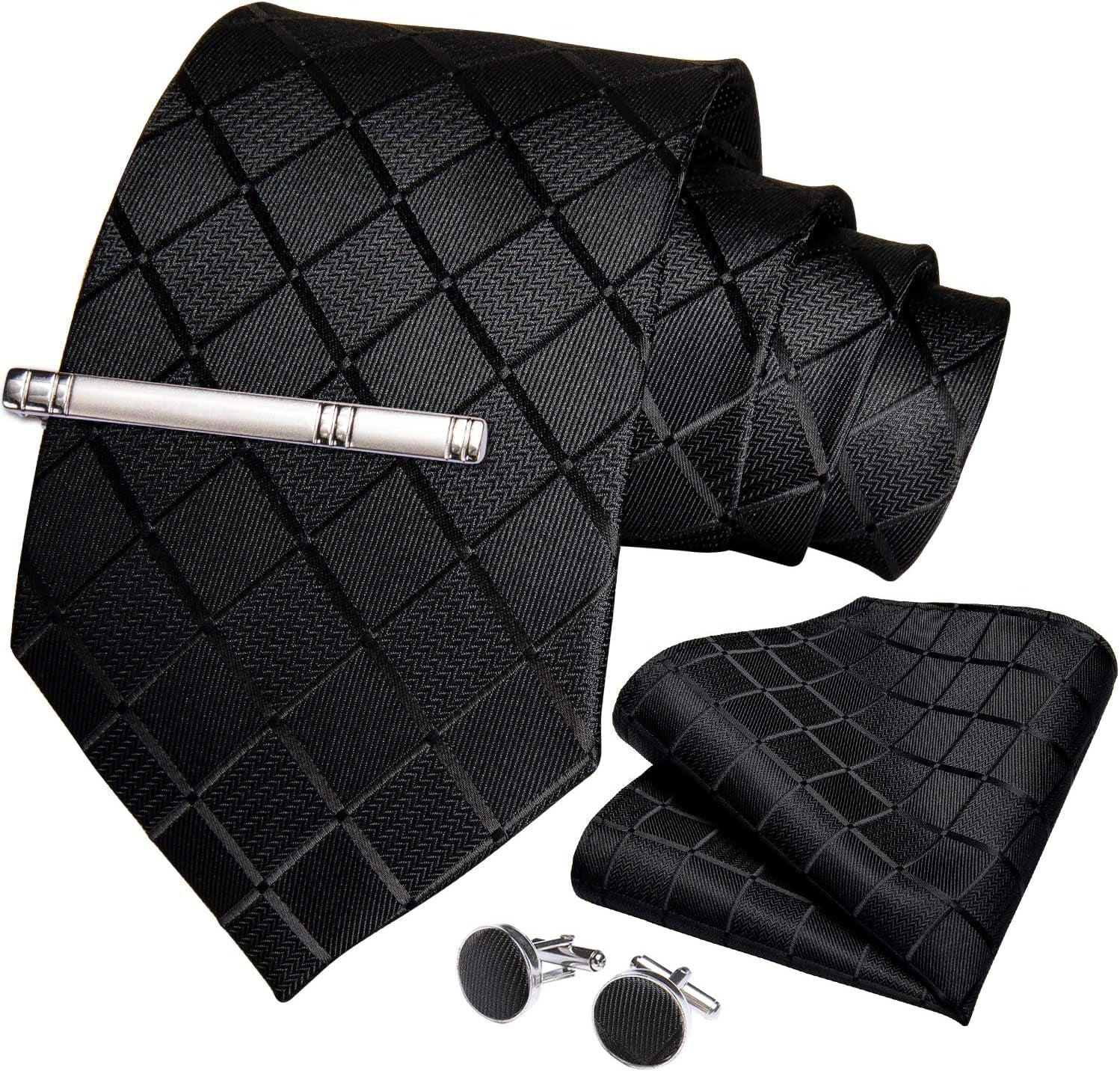Plaid Ties for Men Silk Checkered Necktie and Pocket Square Cufflinks Tie Clip Set with Gift Box for Wedding Business - WORLD TIME VISITS
