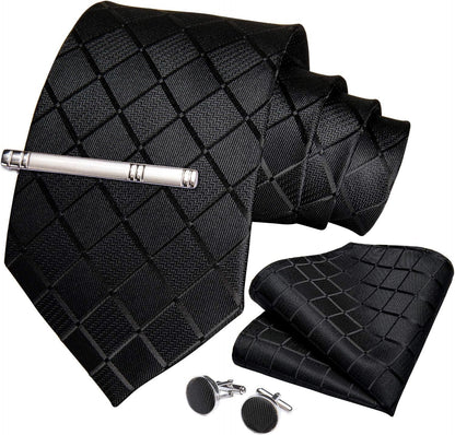 Plaid Ties for Men Silk Checkered Necktie and Pocket Square Cufflinks Tie Clip Set with Gift Box for Wedding Business - WORLD TIME VISITS