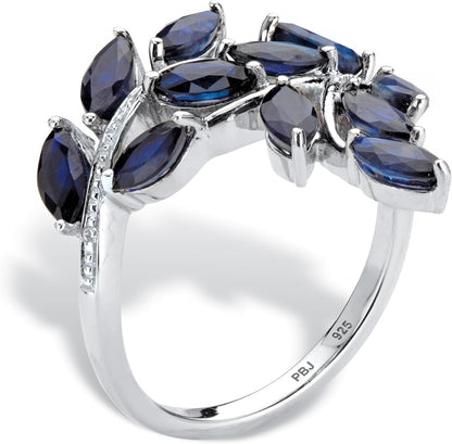 Platinum over Sterling Silver Marquise Cut Genuine Blue Sapphire and Diamond Accent Leaf Ring - WORLD TIME VISITS