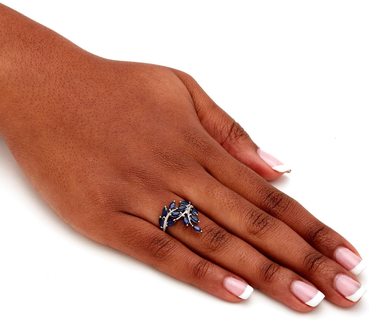 Platinum over Sterling Silver Marquise Cut Genuine Blue Sapphire and Diamond Accent Leaf Ring