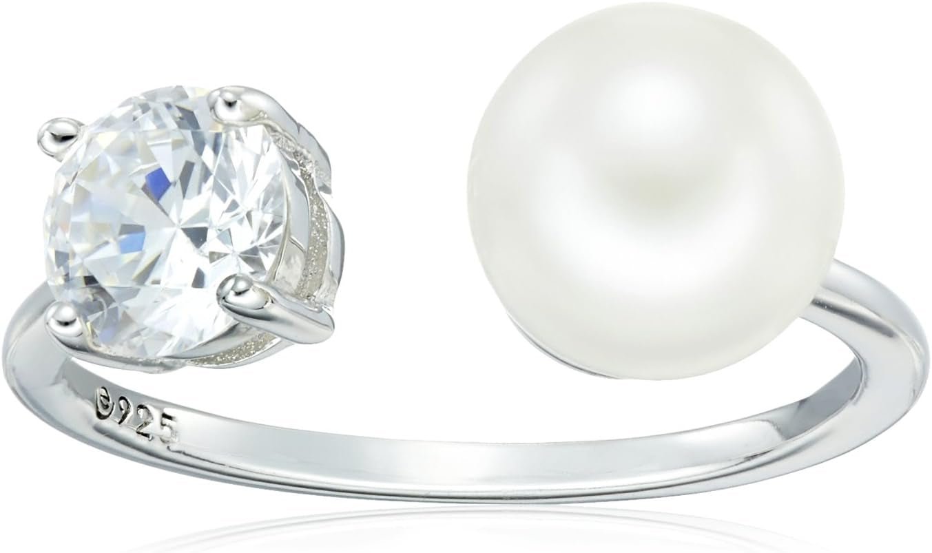 Platinum Plated Sterling Silver Infinite Elements Cubic Zirconia Freshwater Pearl Ring (Previously Amazon Collection) - WORLD TIME VISITS